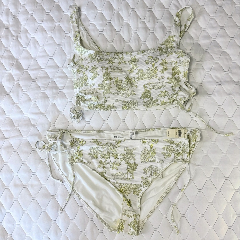 Aerie Bikini Set Womens XXL White Green New Toile Textured High Waist 2 Piece